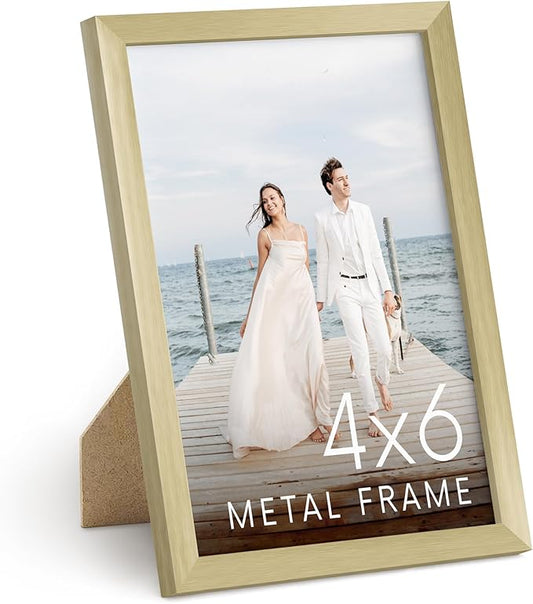 HAUS AND HUES 4x6 Gold Picture Frame - Modern Brush Finish - Photo Frame 4x6 Aluminum, Vertical Hanging, Easel Back for Tabletop, Home, Office (4x6 inch frame, Gold)