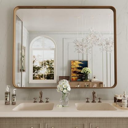 LOAAO 40X24 Inch Bathroom Mirror with Wood Grain Colored Metal Frame, Rounded Rectangle Metal Framed Bathroom Mirror, Anti-Rust, Hangs Horizontally or Vertically