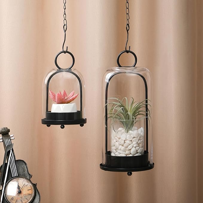 5" & 4" Wide Versatile Metal Candle Holder with Handmade Sturdy Glass Dome in Black for Pillar Candle & Plants, 5.1" xH11.8 4" xH7.5, Industrial, Farmhouse. Modern Style (2, Black, Large & Small)