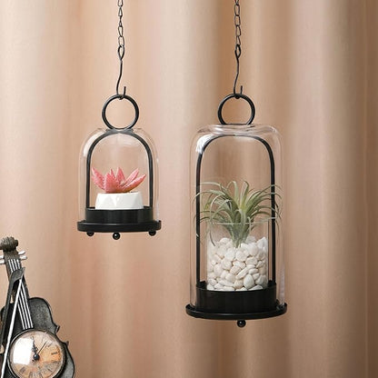 5" & 4" Wide Versatile Metal Candle Holder with Handmade Sturdy Glass Dome in Black for Pillar Candle & Plants, 5.1" xH11.8 4" xH7.5, Industrial, Farmhouse. Modern Style (2, Black, Large & Small)