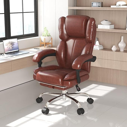 Big and Tall Office Chair, Ergonomic Leather High Back Executive Computer Chair with Retractable Footrest, Adjustable Headrest, Padded Arms, 360°Swivel Free, 90-135°Reclining, 500lbs Wide Seat, Brown