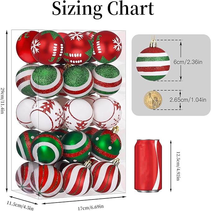 SHareconn 30ct 2.36 Inch Christmas Tree Colored Balls Ornaments, Shatterproof Plastic Decorative Xmas Baubles Decorations for Tree Holiday Decor(Red and Green White, 60mm)
