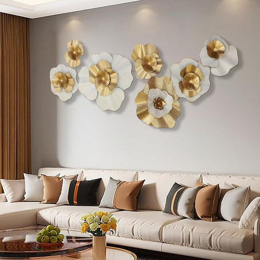 Metal Wall Art, White Gold Abstract Wall Decorations Metal Wall Decor, Modern Metal Wall Sculptures,Large 3D Vertical 49"*25" Flower Wall Decor for Living Room Dining Room Bedroom Wall Hanging Decor
