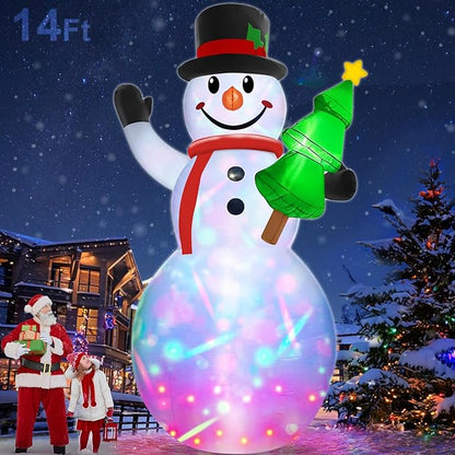14 Ft by 7.5 Ft Large Christmas Inflatables Snowman Outdoor Decorations Build-in Rotating Colorful Light, Huge Snowman Inflatable with Christmas Tree & Hat Blow Up Yard Decor for Lawn Garden Outside