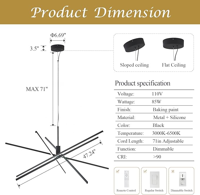 Modern 47-inch Big Chandelier for High Ceiling, Large Foyer Chandelier for Living Room Foyer Dining Room Ceiling Lighting Fixture for Staircase,85W