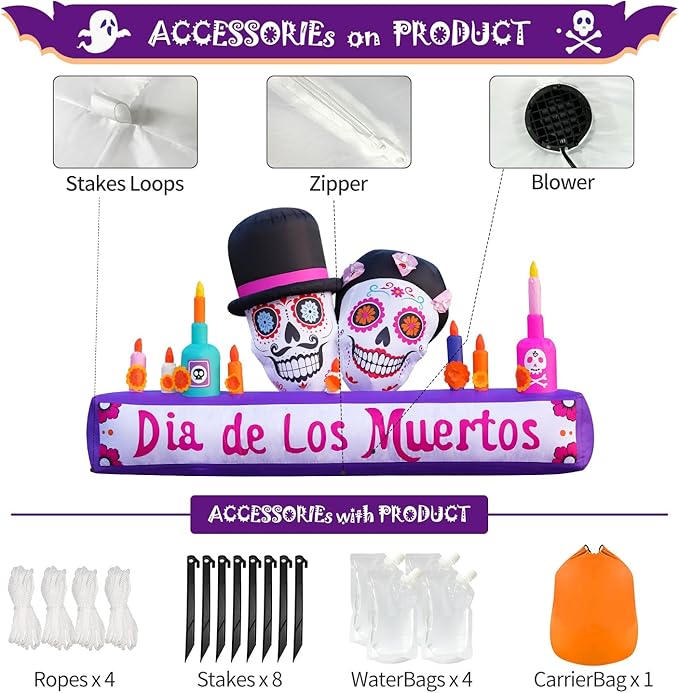 8FT Halloween Inflatable Blow Up Decorations, Dia de Los Muertos Day of Dead Catrina Skulls Altar, Built-in LEDs for Holiday Party, Garden, Lawn, Yard, Patio Décor