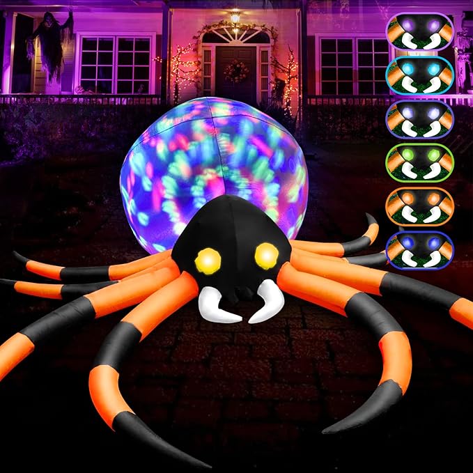 12Ft Halloween Inflatables Spider with 7-Colors Changing LED Lights, Decorations Outdoor Rotating Lights & Glowing Eyes, Large Creepy Props for Yard Garden Decor Orange