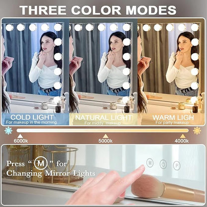 Kottova Vanity Mirror with Lights,27.6 x21.6'' Large Makeup Mirror, 3 Color Modes,Touch Control, USB Charger Port, Hollywood Lighted Mirror with 18 Dimmable LED,Metal Frame,Plug in