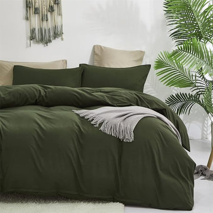 Cottonight Army Green 3 Pcs Comforter Set, Twin Bed Bedding Set with Microfiber Fill, Olive Green Quilt, Fashion Solid Color, Unisex, Minimalist, Summer Fall Winter All Seasons, Machine Wash