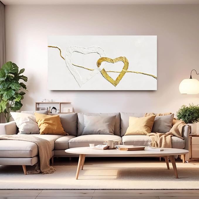 GAIDUOMAI Abstract Wall Canvas Art Love Heart Modern Artwork Textured Room Decor Gold Line Prints for Office Home Hotel 24"x48" Ready to Hang