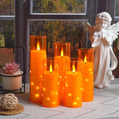 Flameless LED Candles with Timer 5 Pc Flickering Flameless Candles for Romantic Ambiance and Home Decoration Stable Acrylic Shell,with Embedded Star String，Battery Operated Candles（Orange）