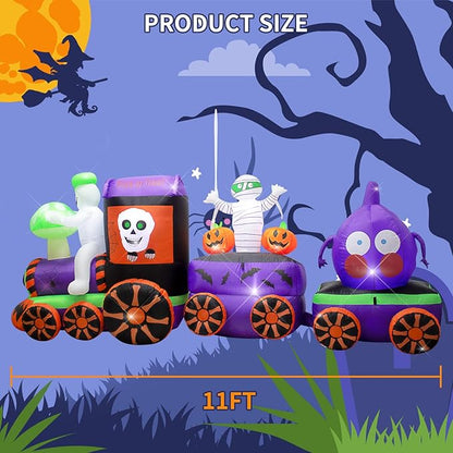11FT Halloween Inflatables Ghost Train with Mushroom Onion Heads and Mummies Skulls, Built-in LEDs for Halloween Blow Up Indoor Outdoor Decor, Fun Holiday/Party/Yard/Garden Fantasy Display