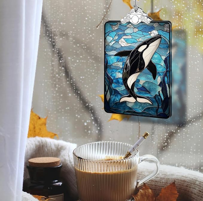 Orca Whale Stained Glass 2025 Christmas Ornament, Ocean-Themed Christmas Tree Hanging Decoration for Coastal Holiday Decor or Gift Exchange, 3.8 x 2.4 Inch