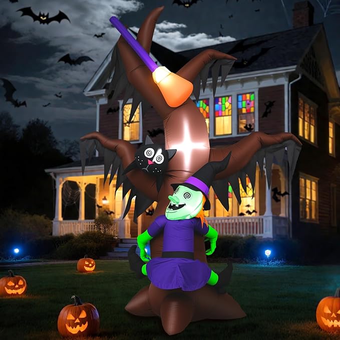 8FT Halloween Inflatables Tree with Witch, Cat & Broomstick, Halloween Blow Up Yard Decorations with 4 Built-in LED Lights, Self-Inflating Halloween Outdoor Decor for Garden, Lawn, Parties