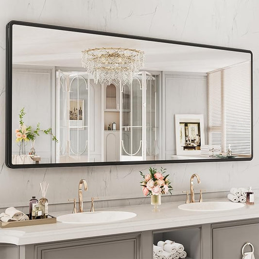 New Upgrade 72X32 Inch Wall Mounted Bathroom Mirror, Black Metal Frame Rounded Rectangle Mirror, Bathroom Vanity Mirror with Tempered Glass for Washroom Bedroom Living Room