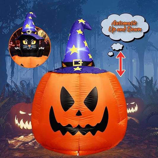 5.3 FT Halloween Inflatable Animated Witch Cat in Pumpkin, Blow Up Yard Decorations with Build-in LEDs Lighted Decor for Holiday Party Outdoor Indoor Lawn Garden