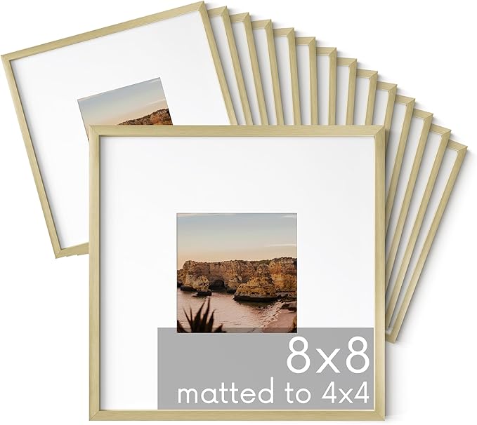 HAUS AND HUES 8x8 Gold Metal Picture Frames Matted to 4x4 - Features Premium Aluminum & Hanging Hardware, Shatterproof Plexiglass - Ideal for Home, Room, Office (8x8 in, Gold, Set of 15)