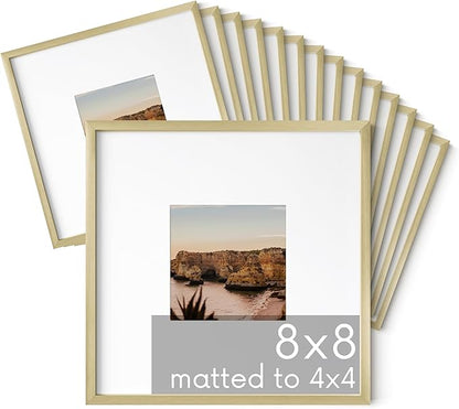 HAUS AND HUES 8x8 Gold Metal Picture Frames Matted to 4x4 - Features Premium Aluminum & Hanging Hardware, Shatterproof Plexiglass - Ideal for Home, Room, Office (8x8 in, Gold, Set of 15)