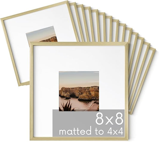 HAUS AND HUES 8x8 Gold Metal Picture Frames Matted to 4x4 - Features Premium Aluminum & Hanging Hardware, Shatterproof Plexiglass - Ideal for Home, Room, Office (8x8 in, Gold, Set of 15)