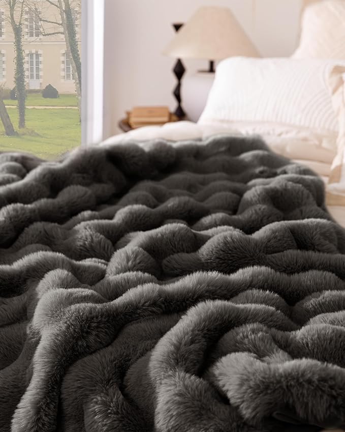 Ultra Soft Cozy Faux Fur Throw Blanket, Fuzzy Plush Thick Bubble Blanket, Oversize Luxury Fluffy Blanket for Couch, Bed, and Living Room, 60x80 Inches, Dark Grey