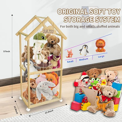 Stuffed Animal Storage Kids Plush Toy Holder Corner Large Stuff Animal Organizer Plushies Storage Creative Zoo Display Wooden Stuffy Storage Cage for Nursery Play Room Bedroom (59 inches in Length)
