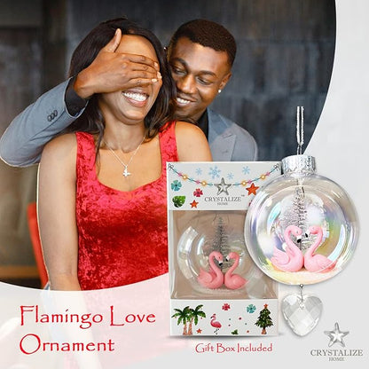 Flamingos Christmas Ornament - Handmade Shatterproof Decorations for Indoor Outdoor Xmas Tree - Clear Ball Ornaments with Magnetic Crystal - Great Gift or Stocking Stuffer for Mom, Sister, Friend