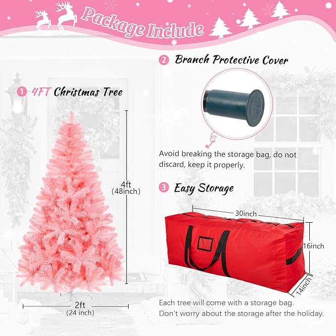 4ft Artificial Christmas Tree, Arbol de Navidad with 450 Branch Tips, Premium North Valley Spruce with Foldable Base Stand, Xmas Tree for Home, Office,Party Decoration-Pink