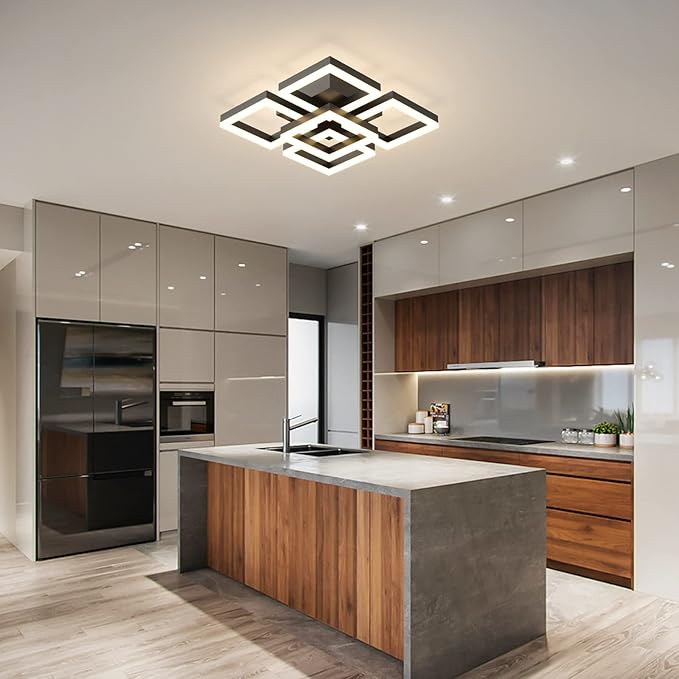 GEADI Modern LED Ceiling Light, 64W Dimmable Black Flush Mount Light 5-Square Ceiling Lamp with Remote Control, Acrylic Ceiling Chandelier Lighting for Living Room Bedroom Office, 3000K-6500K