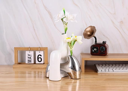 Intertwining Vase Set Snuggle Hollow Ceramic Vase Set of 2 White and Silver Vase Modern Boho Home Decor for Neutral Minimalist Vase for Dining Room Table Centerpiece Dining Room,Wedding Table Deco