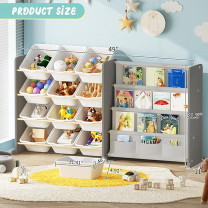 Kids Toy Storage Organizer - Toy Storage with Kids Bookshelf, Toy Organizer with 12 White Bins and 4 Book Shelves, Toy Organizers and Storage for Playroom, Nursery, Kids Room, Grey