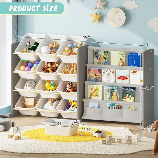 Kids Toy Storage Organizer - Toy Storage with Kids Bookshelf, Toy Organizer with 12 White Bins and 4 Book Shelves, Toy Organizers and Storage for Playroom, Nursery, Kids Room, Grey