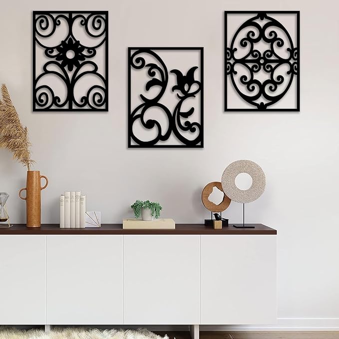 CHATYOUNG Metal Boho Wall Art - 3 Piece Modern Minimalist Wall Sculptures Geometric Black and White Artwork for Living Room Bedroom Kitchen Home Office Decor 36x16 IN