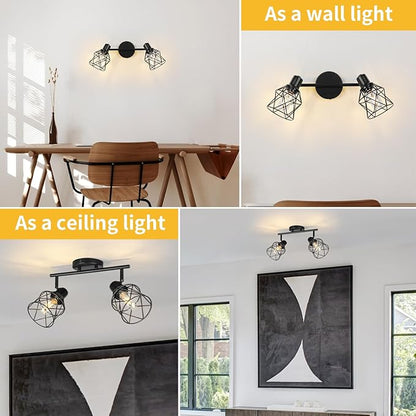 WILON Industrial Track Lighting Fixtures Ceiling, 2 Light Kitchen Ceiling Light Rotatable Spotlight Fixtrues E26 Base Wall Light Fixture, Black Flush Mount Light for Kitchen Hallway Entryway