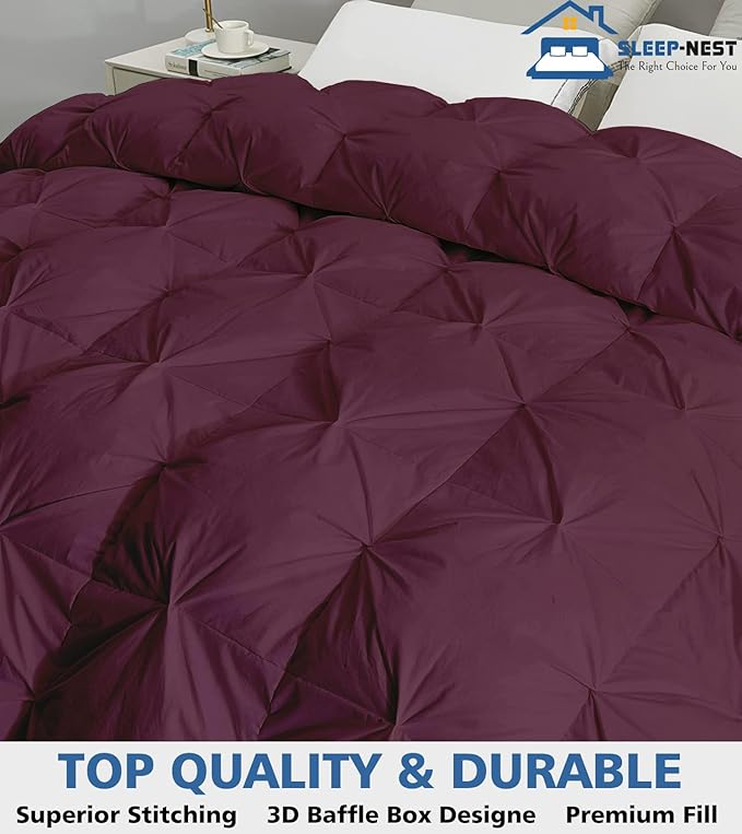 SLEEP-NEST Oversized King Comforter 116 x 98 - Luxury Down Alternative Bedding - All Season Plush Pinch Pleat Quilt - Ultra Soft, Cooling, Breathable, Extra Large Pintuck Blanket - Wine Dream