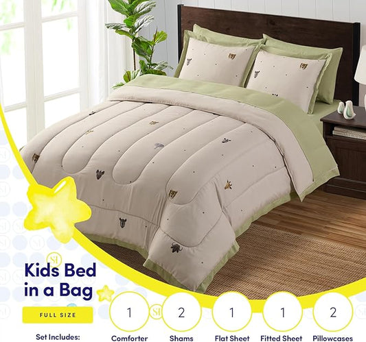 Kids Jungle Safari Comforter Set Full Size – Bed in a Bag with Savanna Animals, Sheets, Pillowcases & Shams – Soft Bedding with Lions, Giraffes, Elephants, and More – Boys or Girls Bedroom Decor