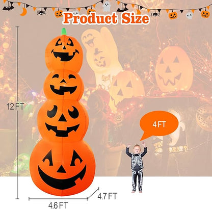 12FT Giant Halloween Inflatable Four-Story Pumpkin Decoration, Blow up Halloween Pumpkins Inflatable Built-in 4 LEDs for Halloween Inflatables Outdoor Decoration Haunted House Party Parade