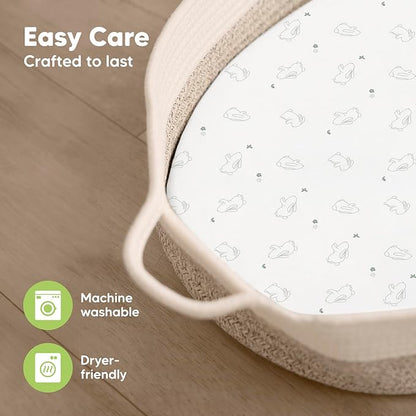 2-Pack Organic Bassinet Sheets for Girls, Boys - 100% Cotton Bassinet Mattress Sheets Compatible with Halo Bassinest Swivel Sleeper, Graco, Baby Delight, Chicco,Unisex Fitted Bassinet Sheets (Bunnies)