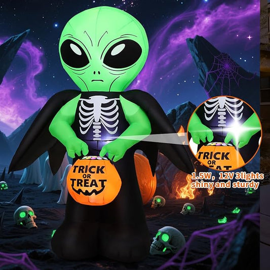 COMIN 6 FT Halloween Inflatables Alien Carrying Candy Basket Outdoor Decorations Blow Up Yard with Built-in LEDs for Indoor Party Garden Lawn Decor
