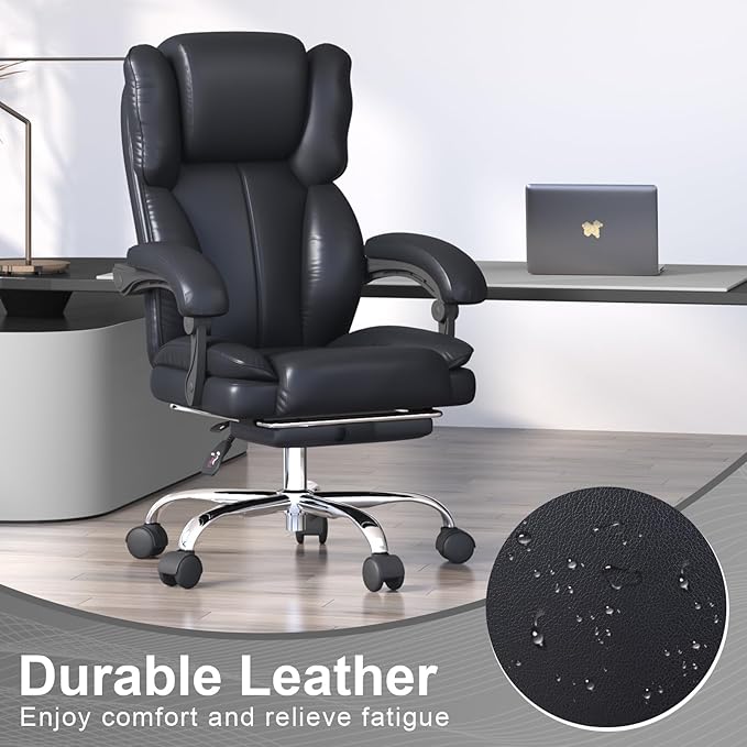 Big and Tall Office Chair, Ergonomic Leather High Back Executive Computer Chair with Retractable Footrest, Adjustable Headrest, Padded Arms, 360°Swivel Free, 90-135°Reclining, 500lbs Wide Seat, Black