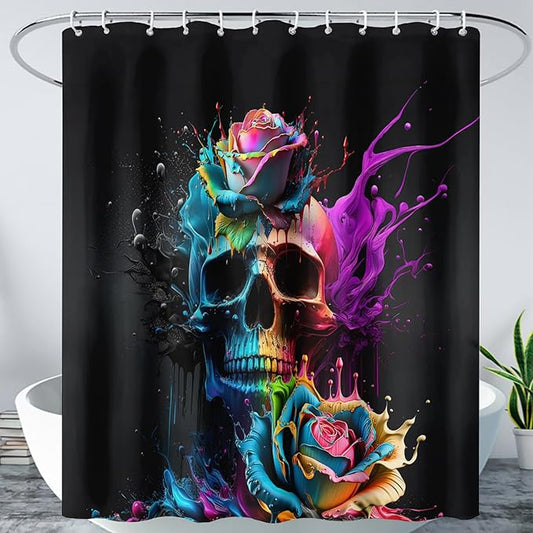 AILONEN 3D Sugar Skull Shower Curtain,Colorful Rose with Skeleton Design Shower Curtain Set with Hooks for Boys Girls Teens,Colour Inkjet Theme48 W*72" H
