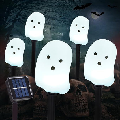 BRIGHTDECK Solar Halloween Ghost Pathway Lights, 5 Pack Ghost Stake Lights, Durable Waterproof Outdoor Halloween Decoration for Garden, Patio, Walkway, and Yard (5Pcs Ghost)
