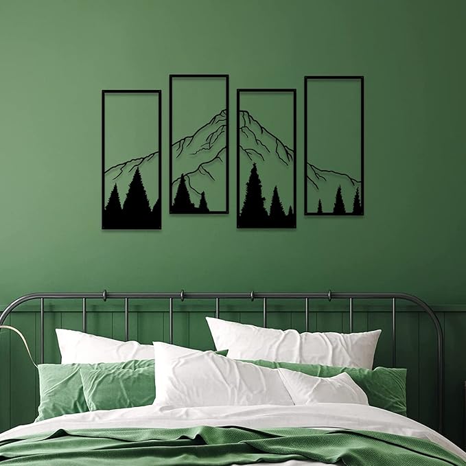 ruelen 4 Pcs Metal Mountain and Forest Wall Decor Line Drawing Wall Art Abstract Minimalist Wall Art Rustic Nature Wall Decor for Home Office Kitchen Bathroom Living Room(Black, large)