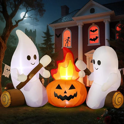 6FT Halloween Inflatable Blow Up Decorations, Cute Ghosts Roasting Marshmallows Over Campfire, Built-in LEDs for Holiday Party, Garden, Lawn, Yard, Patio Décor
