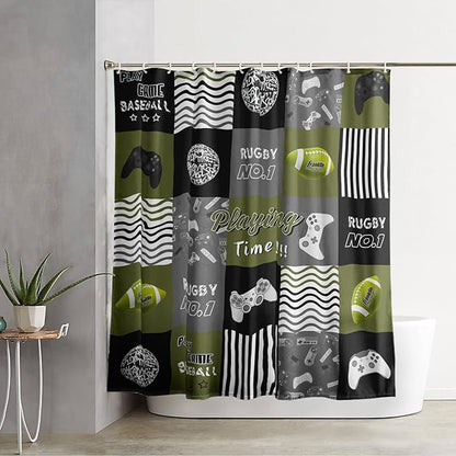 AILONEN Gamer Shower Curtain,Olive Green Ball Sports Waterproof Fabric Shower Curtain for Boys Kids Teens, 60" W*72" H Gaming Gamer Theme Shower Curtain Sets
