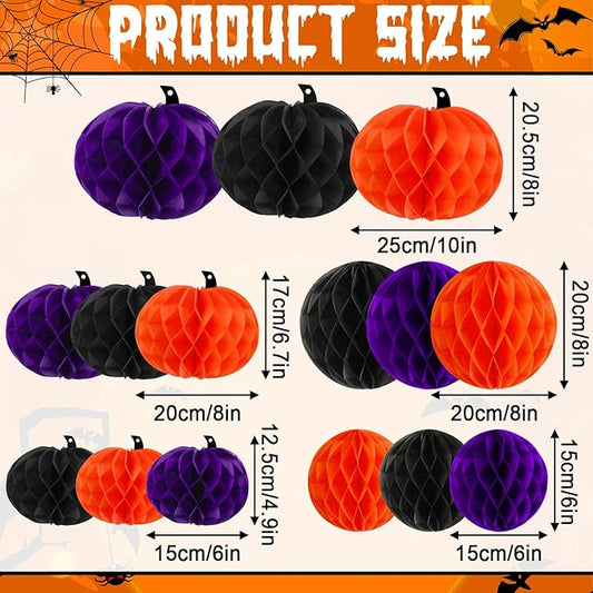 15Pcs Halloween Honeycomb Decorations, Orange Purple Black Pumpkin Paper Honeycomb Balls Halloween Hanging Ornaments for Party Favor Supplies