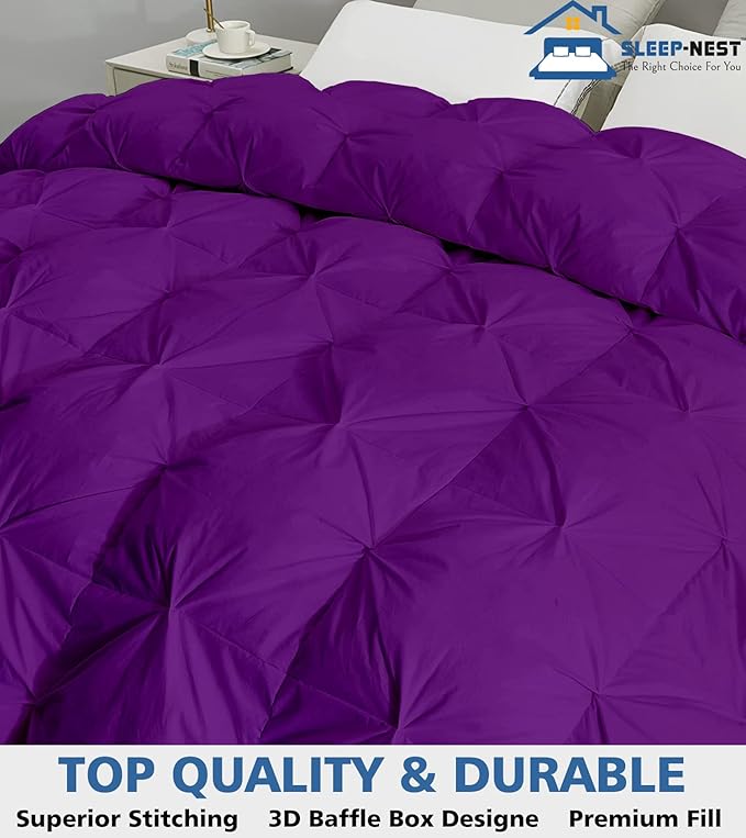 SLEEP-NEST Oversized King Comforter 116 x 98 - All-Season Hotel Luxury Down Alternative - Pintuck Pinch Pleat Design with 8 Corner Tabs - Ultra Soft, Breathable, Extra Large Quilt - Purple