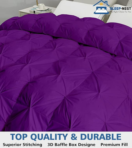 SLEEP-NEST Hotel Luxury King Comforter 102 x 90 - All Season Pintuck Bedding 1 Piece Down Alternative Pinch Pleat Comforter with 8 Corner Tabs - 350 GSM, Ultra Soft, Lightweight Quilt - Purple