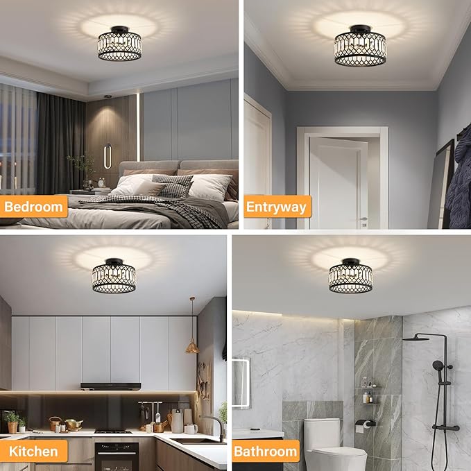 Crystal Ceiling Light Fixture, Modern Semi Flush Mount Ceiling Light, Black Lighting Fixtures Lamp for Hallway, Kitchen, Entryway, Bedroom, Laundry Room, 1-Light, 11.4 Inch