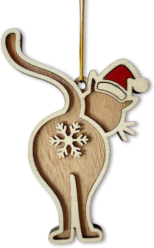 Funny Cat Butt Wooden Christmas Ornament - Humorous Santa Holiday Decoration for Tree - Unique Laser-Cut Wood Gift for Cat Lovers - 2024 Christmas Ornament