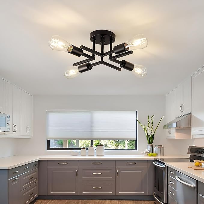 Industrial 4-Lights Semi Flush Mount Ceiling Light Fixture Modern Metal Black Sputnik Chandeliers with E26 Bulb Base Close to Ceiling Light for Kitchen Dining Room Living Room Hallway Bedroom Entryway